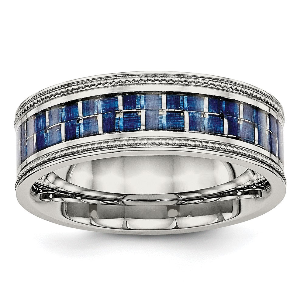 Stainless Steel Polished Blue Carbon Fiber Inlay Textured Edge 8mm Band Size - 11