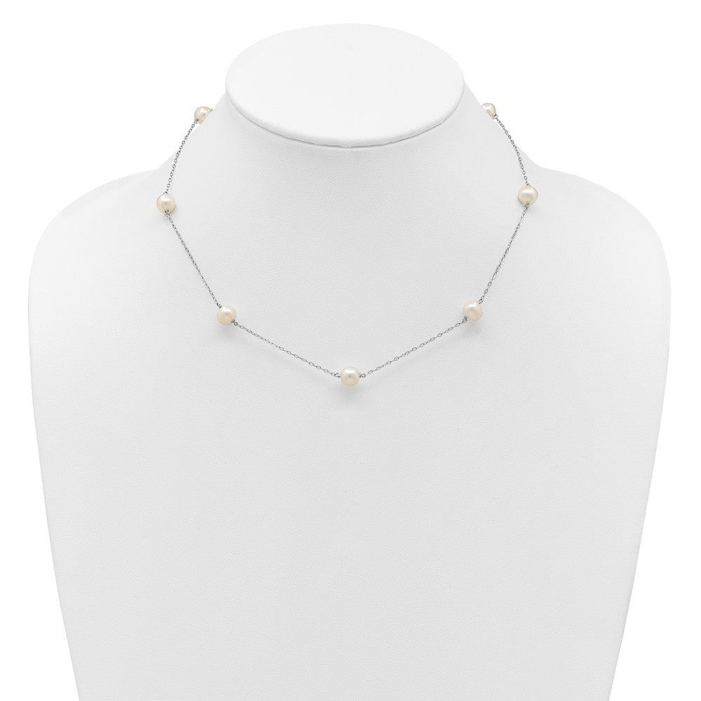 Sterling Silver Rhodium-plated 7-8mm White Near-Round Freshwater Cultured Pearl 7-Station 17 inch with 2 inch Extension Necklace 17 Inches