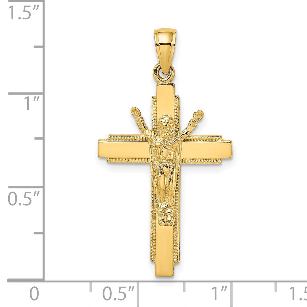 14K Polished w/ Beaded Edge Crucifix Charm