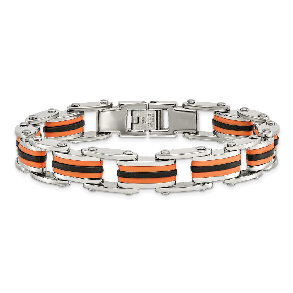 Stainless Steel 8.75in Polished with Polyurethane Black & Orange Bracelet 8.75 inches