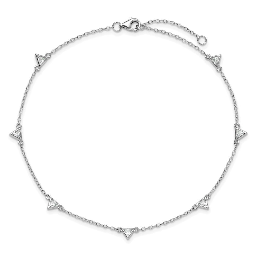 Cheryl M Sterling Silver Rhodium-plated Polished Trillion-cut CZ 9.5 Inch with 1 Inch Extension Anklet 9.5 inches
