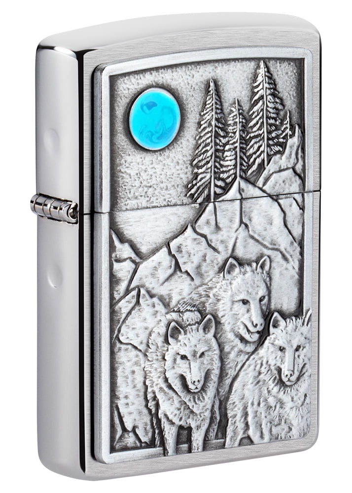 Zippo Wolf Pack and Moon Emblem Brushed Chrome Pocket Lighter