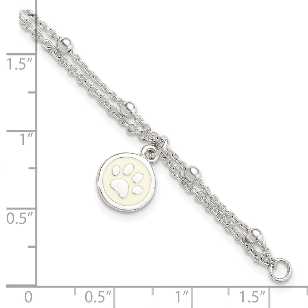 Sterling Silver 2-Strand Heart and Enameled Paw Print Bracelet 7.5 inches