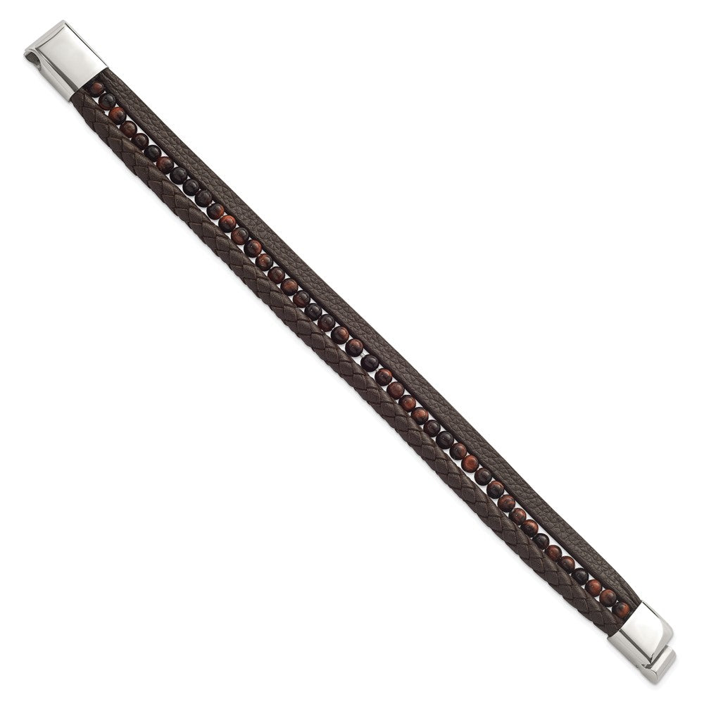 Stainless Steel Polished with Tiger's Eye Brown Leather 8.25in Bracelet 8.25 inches