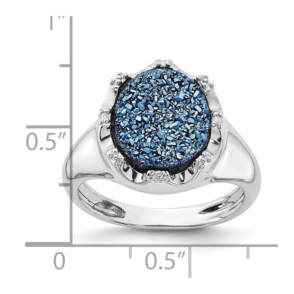 Sterling Silver Blue Druzy Quartz and Diamond Ring