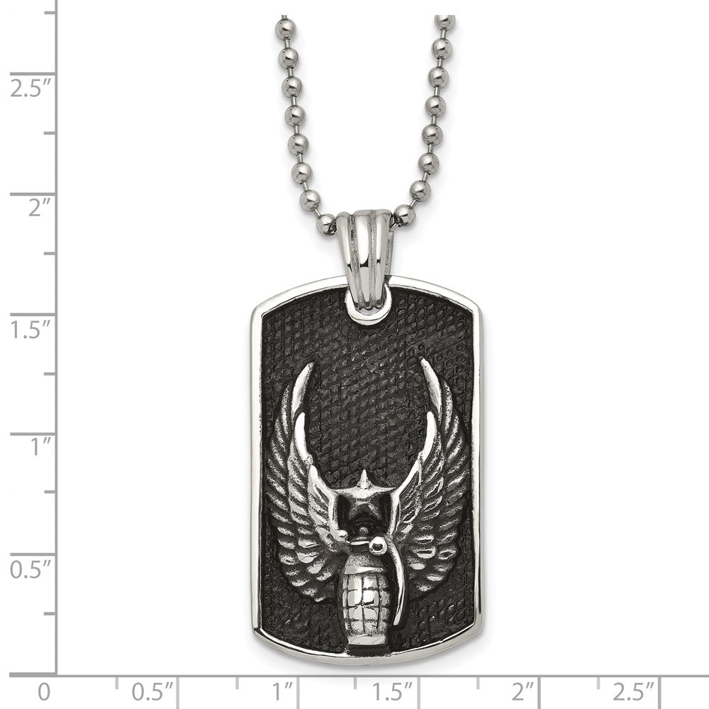 Stainless Steel Antiqued & Polished Wings/Grenade Dog Tag 22in Necklace