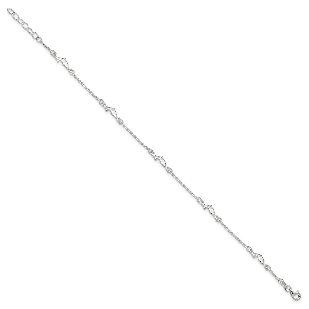 Sterling Silver Polished Dolphin 9in Plus 1in Ext. Anklet 9 inches