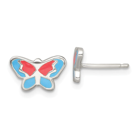 Sterling Silver Polished Orange and Blue Enameled Butterfly Childrens Post Earrings