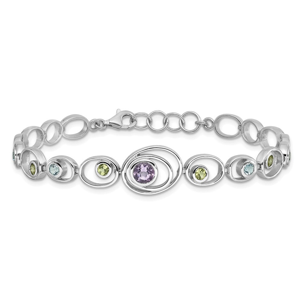 Sterling Silver Rhodium-plated w/Peridot, Blue Topaz &Amethyst Bracelet 7.25 inches