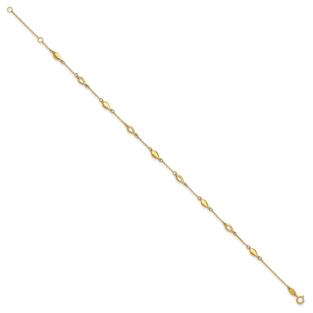 14K Polished Teardrop Station 9in Plus 1in ext. Anklet