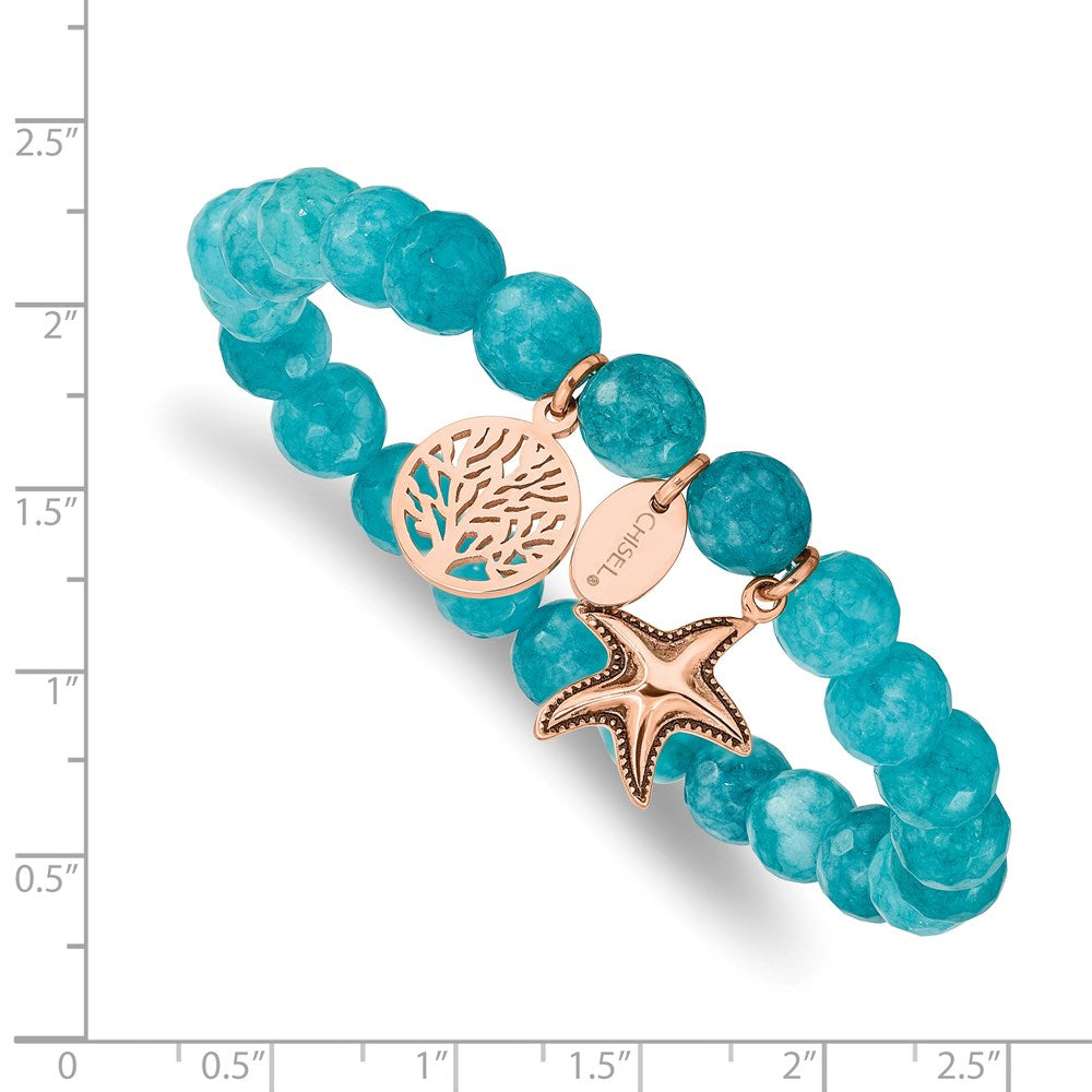 Stainless Steel Antiqued & Polished Rose IP Starfish Aqua Dyed Jade Bracele 6 inches