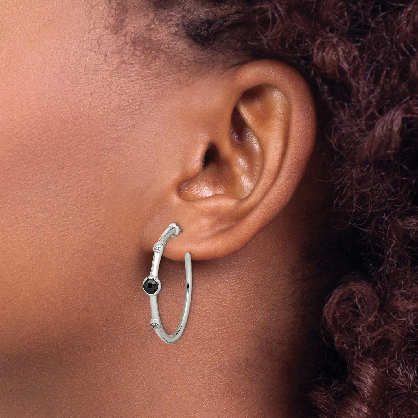 Stainless Steel Polished w/Black Onyx and CZ Post Hoop Earrings