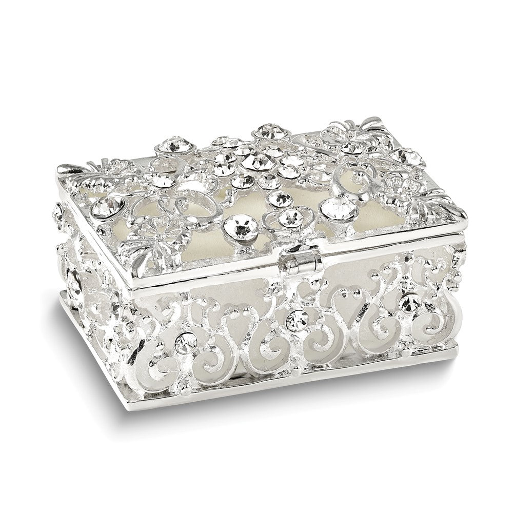 Luxury Giftware by Jere Bejeweled ALLURING Rectangle Silver-tone Heart Trinket Box with Matching 18 inch Necklace