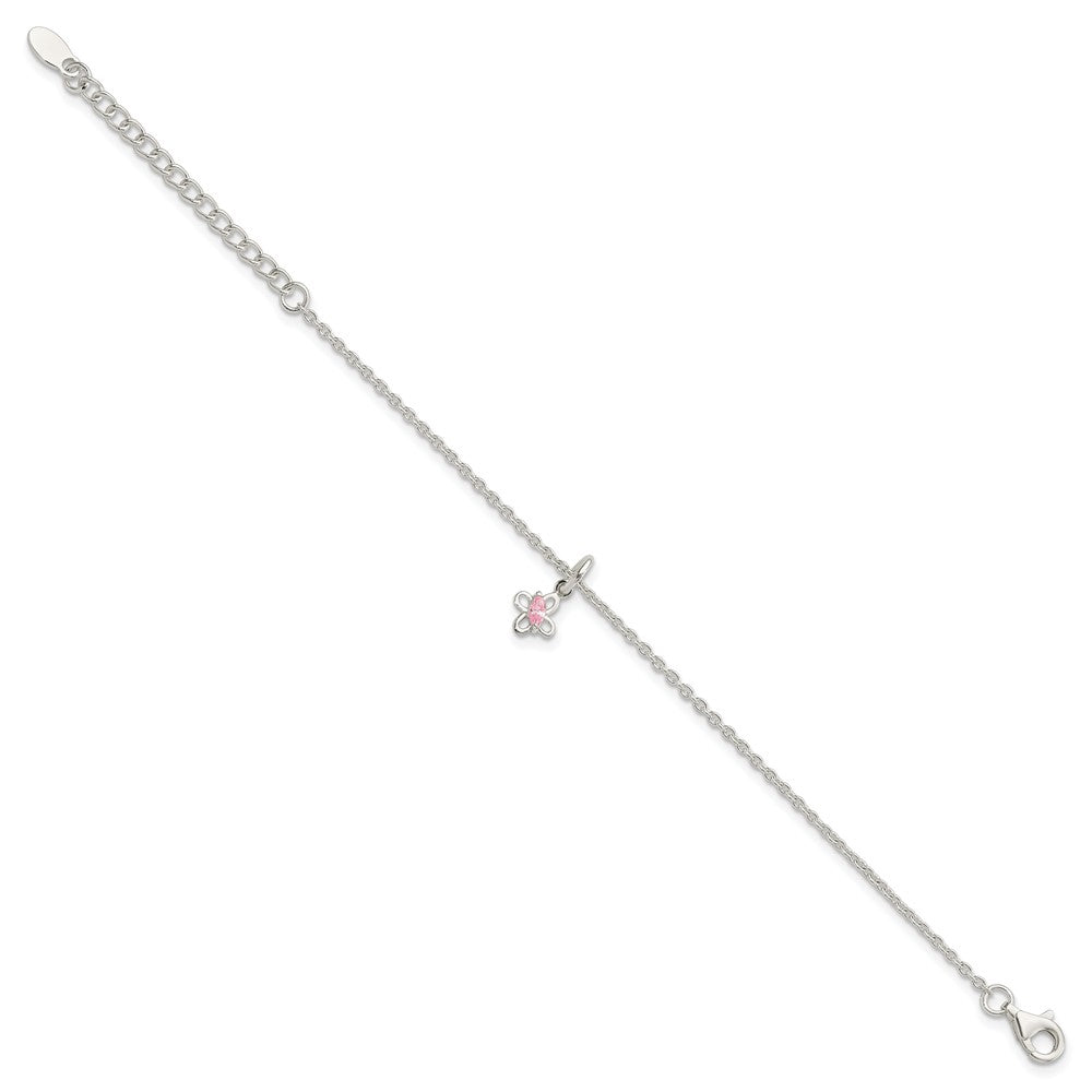 Sterling Silver Polished Pink CZ Butterfly w/ 1.5in Ext. Children's Bracele 6.5 inches