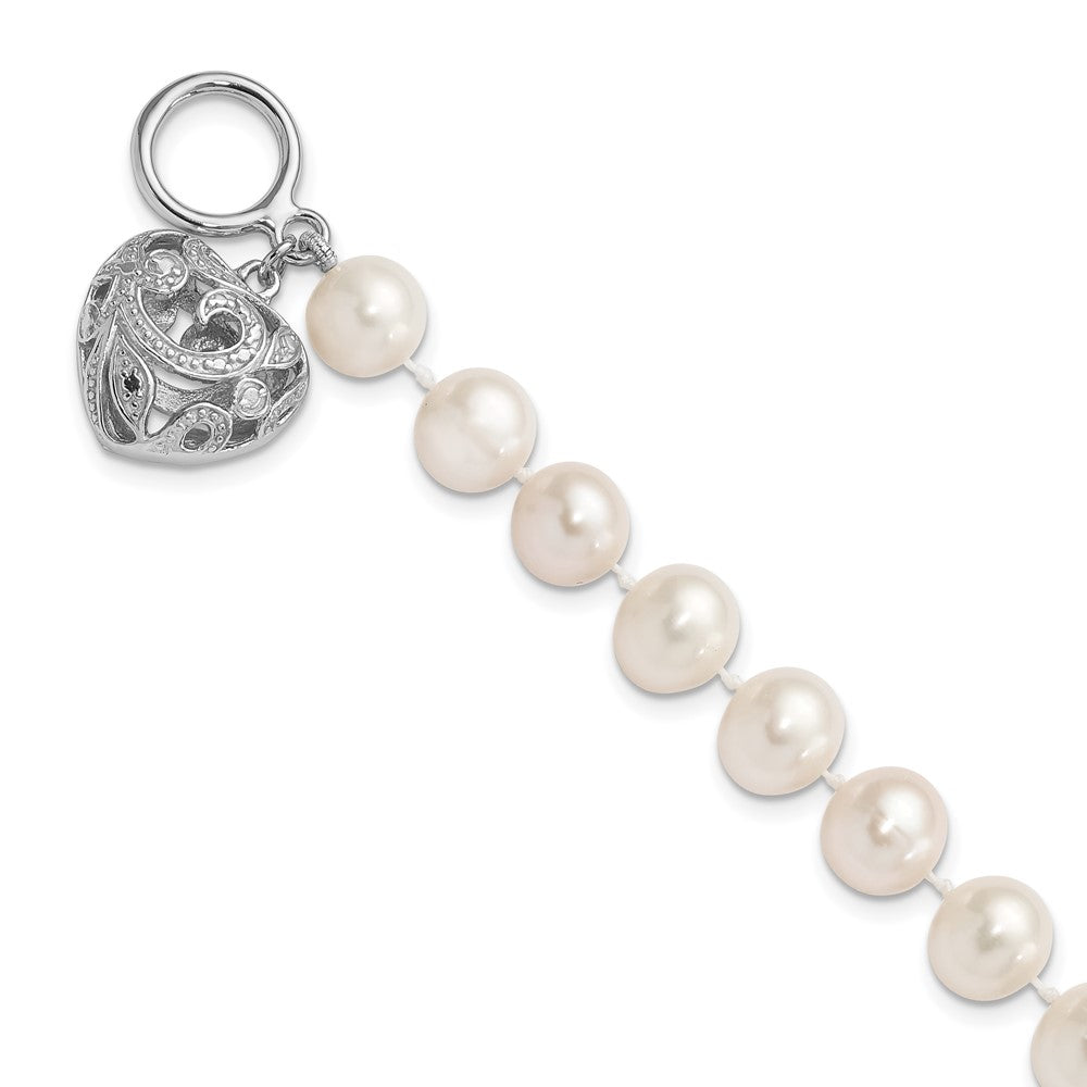 Sterling Silver Rhodium-plated 8-9mm White Near-Round Freshwater Cultured Pearl Heart Toggle 7.5 inch Bracelet 7.5 inches