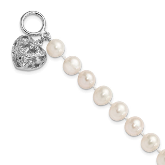 Sterling Silver Rhodium-plated 8-9mm White Near-Round Freshwater Cultured Pearl Heart Toggle 7.5 inch Bracelet 7.5 inches