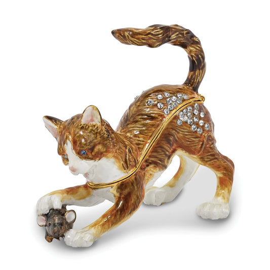Luxury Giftware by Jere Pewter Bejeweled Crystals Gold-tone Enameled THOM & JERE Cat & Mouse Trinket Box with Matching 18 Inch Necklace QBJ2110