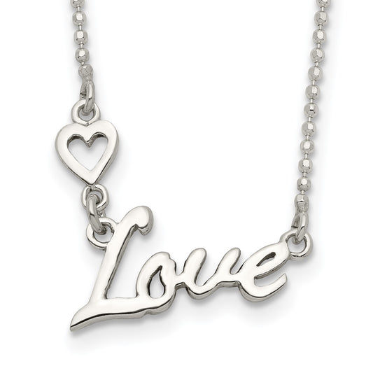 Sterling Silver Polished LOVE w/Heart Necklace 18 Inches