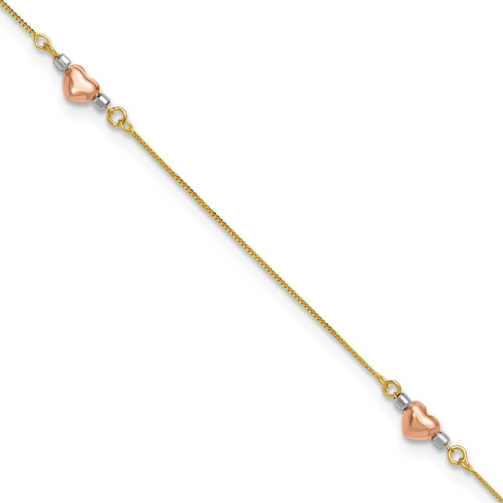 14k Tri-Color Puffed Heart 9in Plus 1in ext Anklet 9 inches