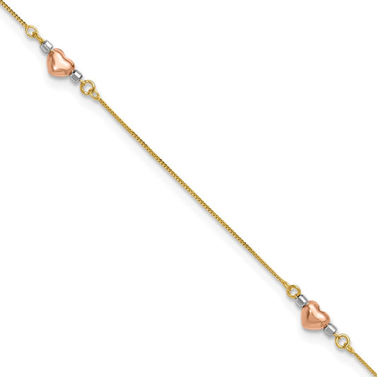 14k Tri-Color Puffed Heart 9in Plus 1in ext Anklet 9 inches