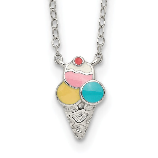 Sterling Silver Polished & Textured Multi-color Enameled Ice Cream Cone with 2 Inch Extension Children's Necklace 16 Inches