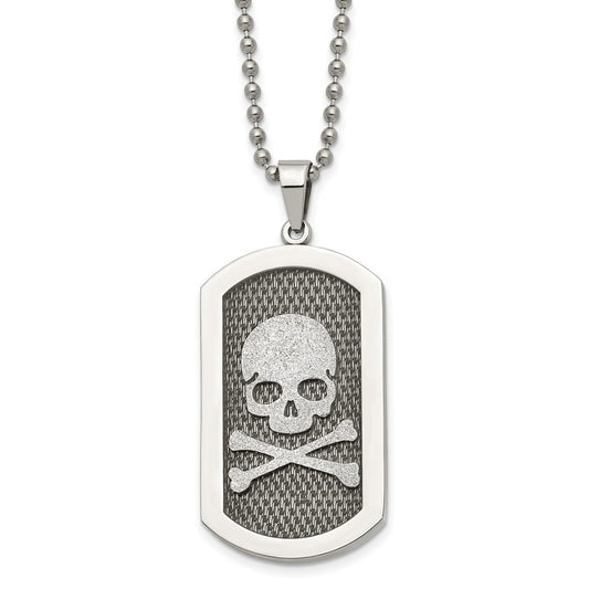 Stainless Steel Brushed and Polished Laser Cut Skull & Bones 24in Necklace