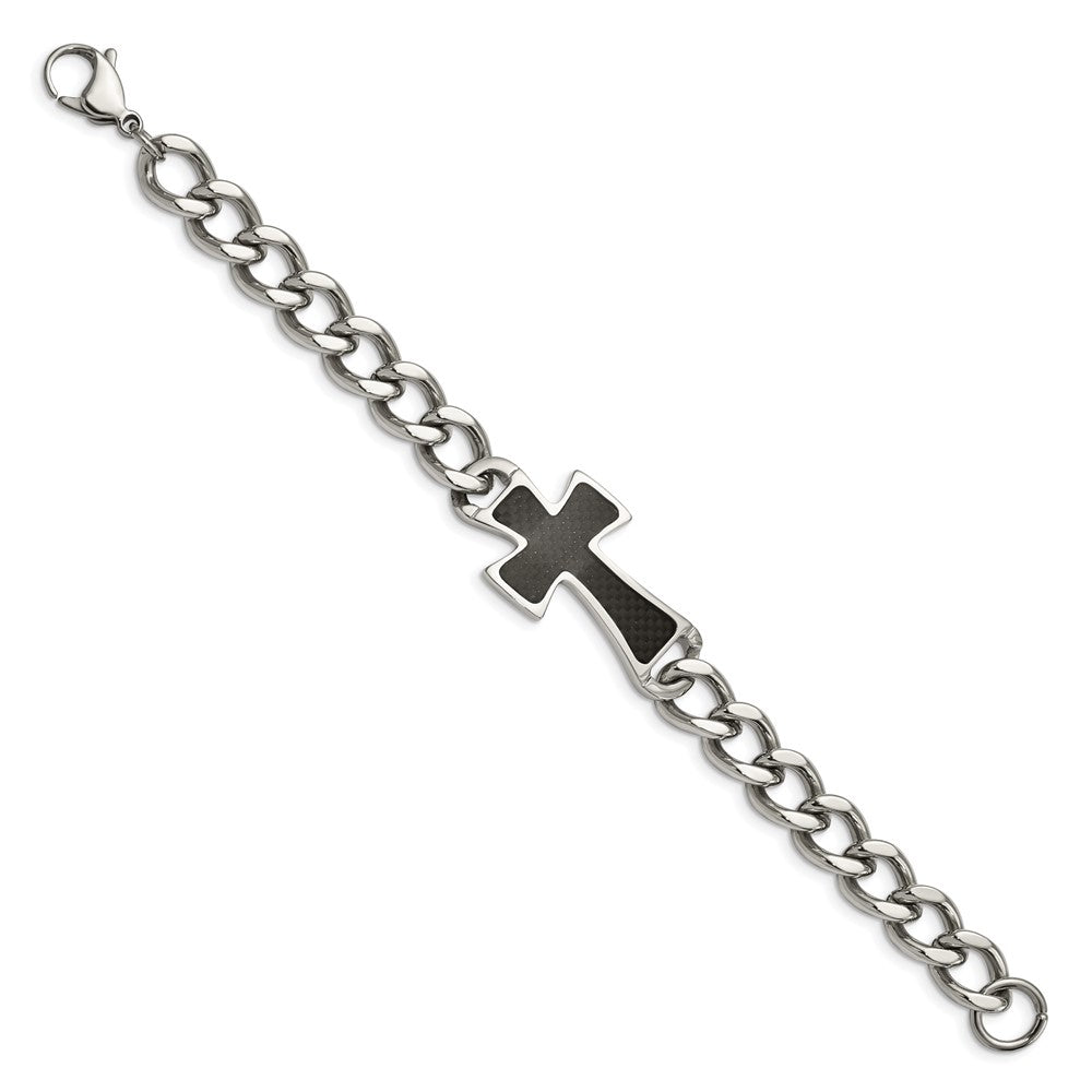 Stainless Steel Polished Black Carbon Fiber Inlay Cross 8.5in Bracelet 8.5 inches