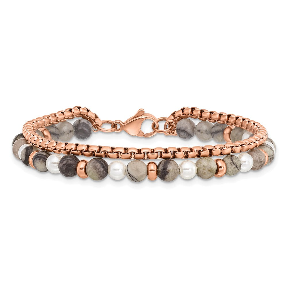 Stainless Steel Polished Rose IP w/Picasso Jasper 6.5in w/1in ext Bracelet 6.5 inches