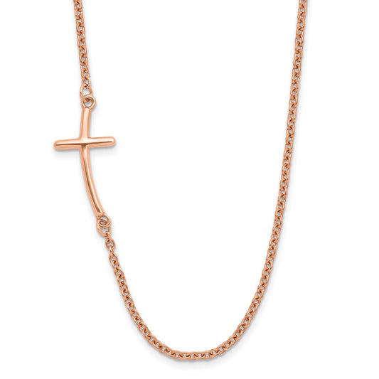 Sterling Silver RG-plated Large Off-Set Sideways Curved Cross Necklace 19 Inches