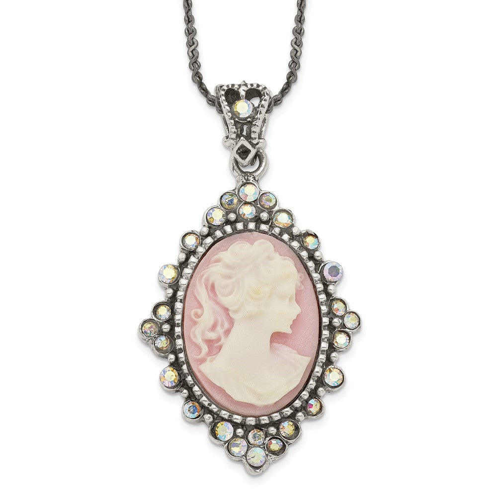 Sterling Silver Antiqued Pink Resin Cameo w/Crystal Necklace 16 Inches