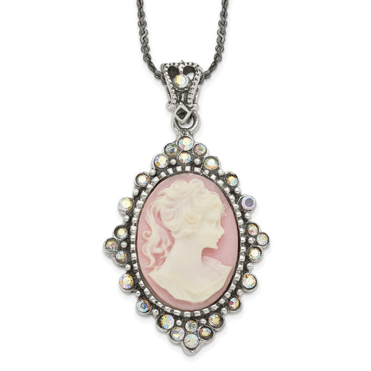 Sterling Silver Antiqued Pink Resin Cameo w/Crystal Necklace 16 Inches