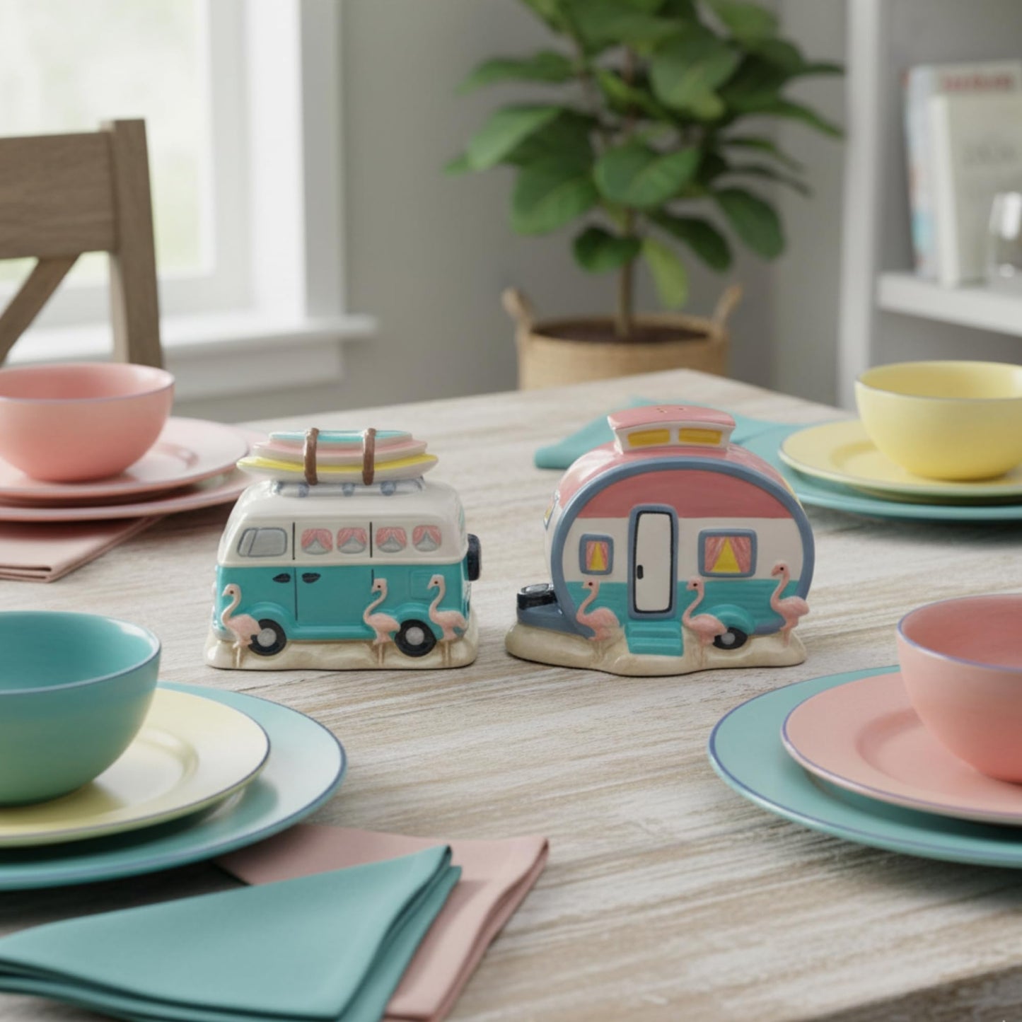 Blue Sky Ceramics Flamingo Van Camper Salt and Pepper