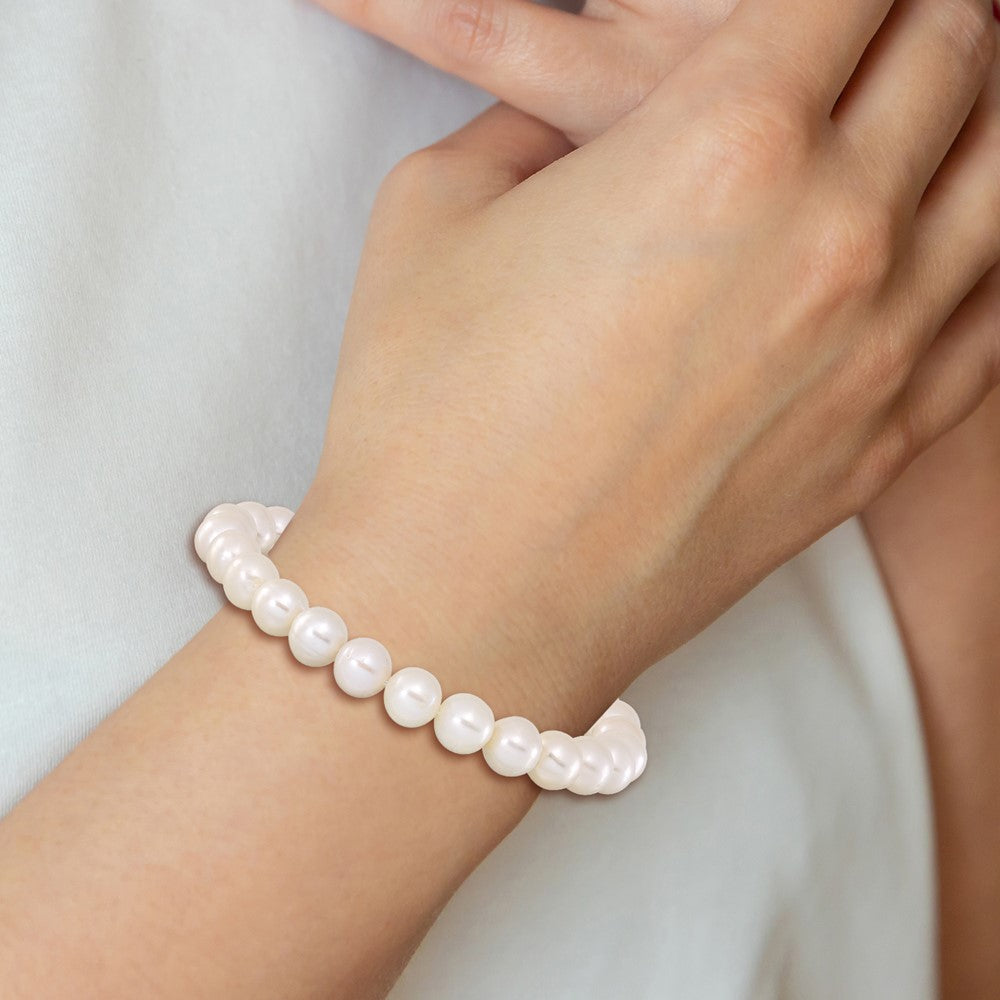 Chisel 8-9mm White Round Freshwater Cultured Pearl 7.25 inch Stretch Bracelet 8 inches
