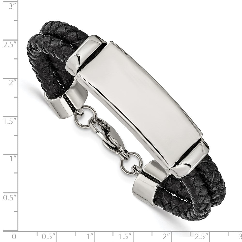 Stainless Steel Polished Black Leather 8.25in ID Bracelet 8.25 inches