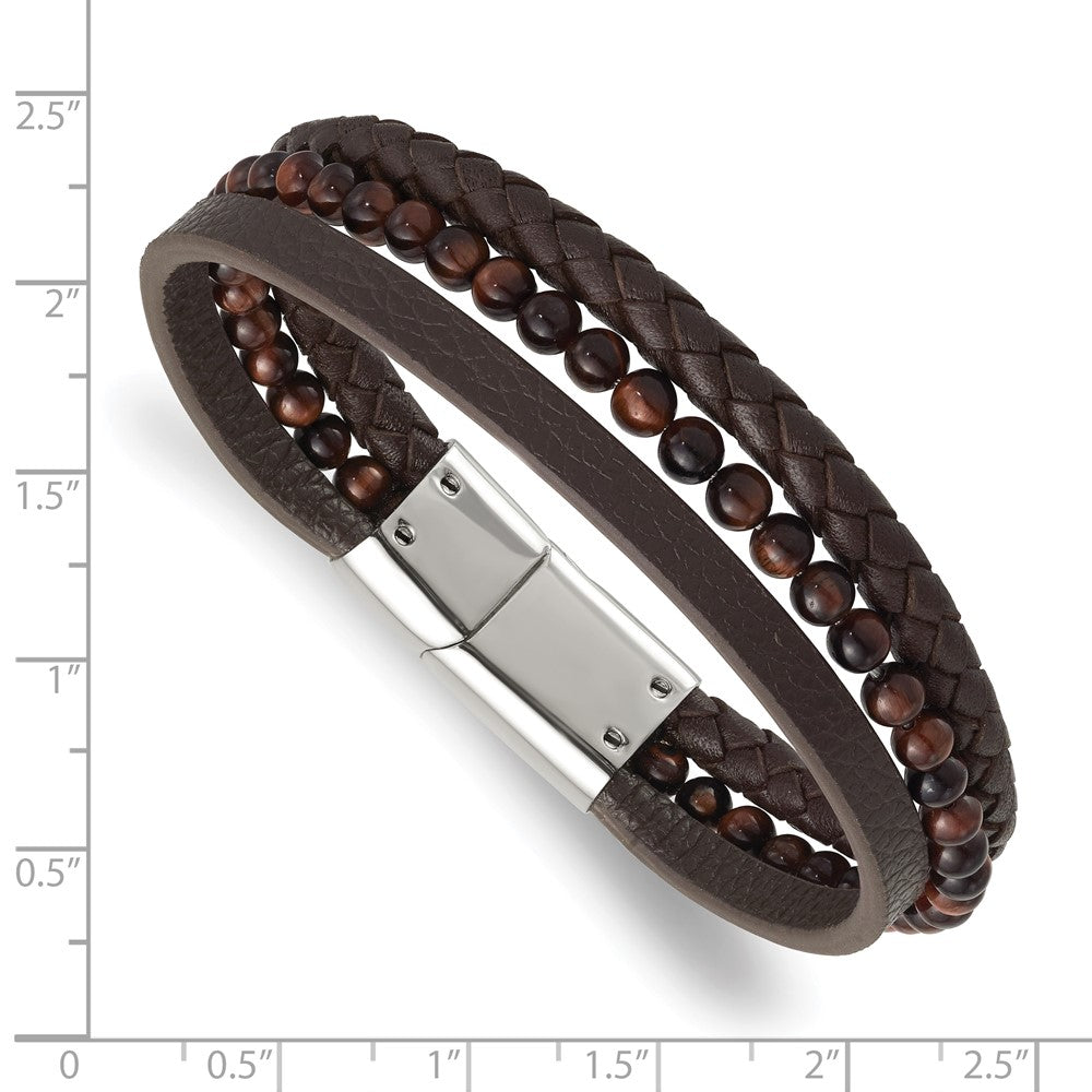 Stainless Steel Polished with Tiger's Eye Brown Leather 8.25in Bracelet 8.25 inches