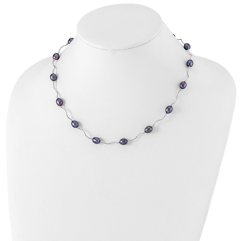 Sterling Silver Rhodium-plated 6-7mm Black Rice Freshwater Cultured Pearl 16-Station 18 inch Necklace 18 Inches