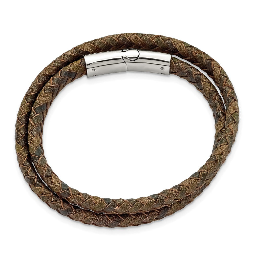 Stainless Steel Polished Brown Leather 14.75in Wrap Bracelet