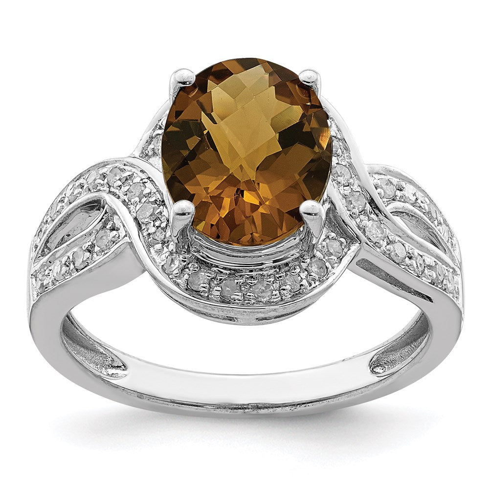 Sterling Silver Rhodium Diam. & Oval Checker-Cut Whiskey Quartz Ring