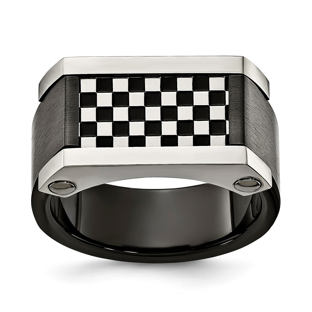 Stainless Steel 11.5 mm Top Cherker Board Design Signet Ring