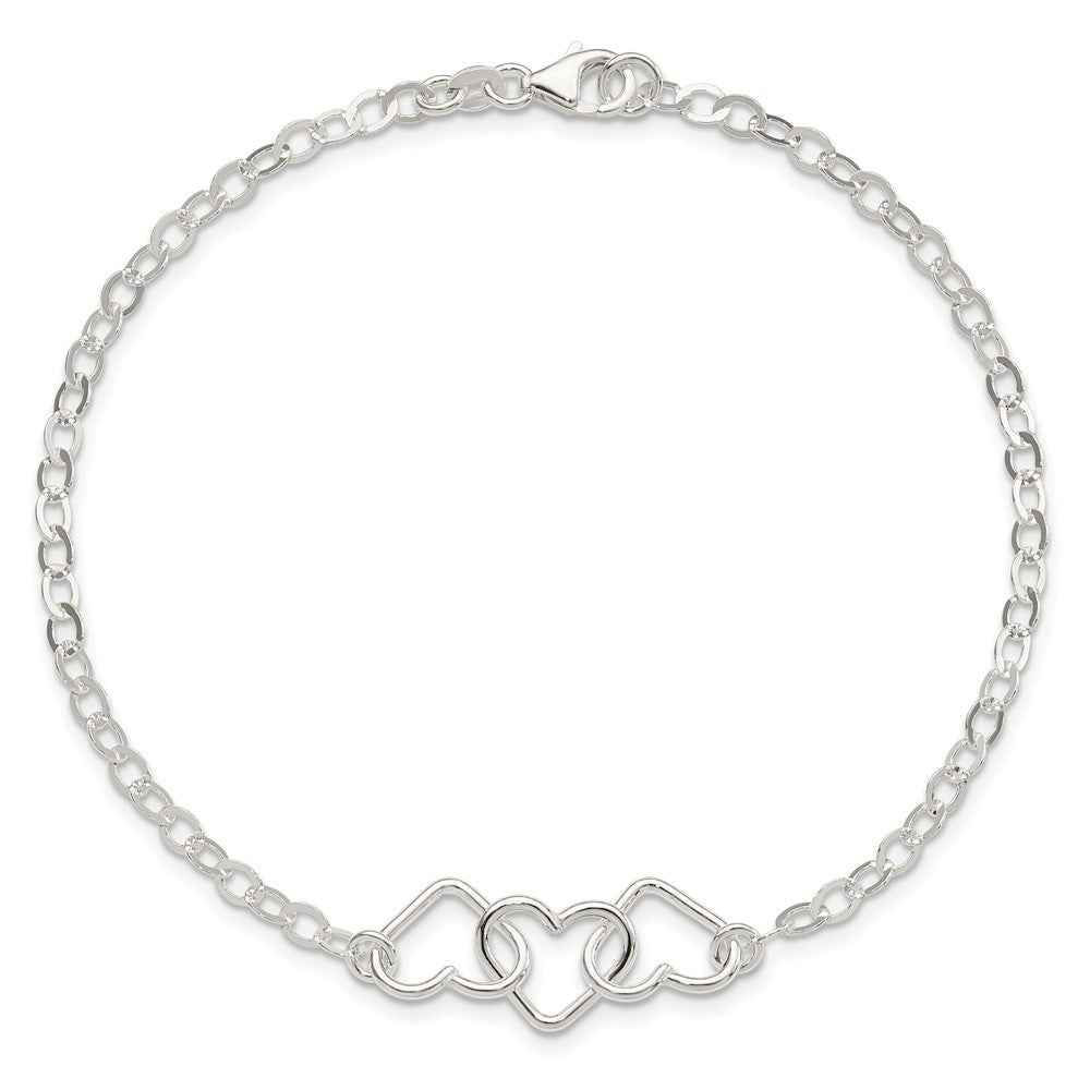 Sterling Silver 10inch Solid Polished Fancy Heart Link Anklet 10 inches