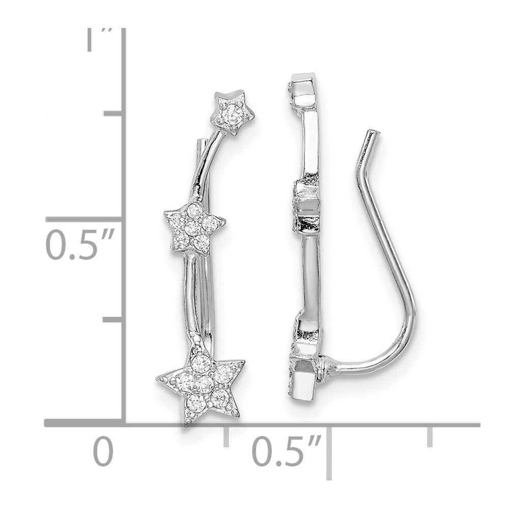 Sterling Silver Rhodium-plated Polished CZ Three Star Ear Climber Earrings