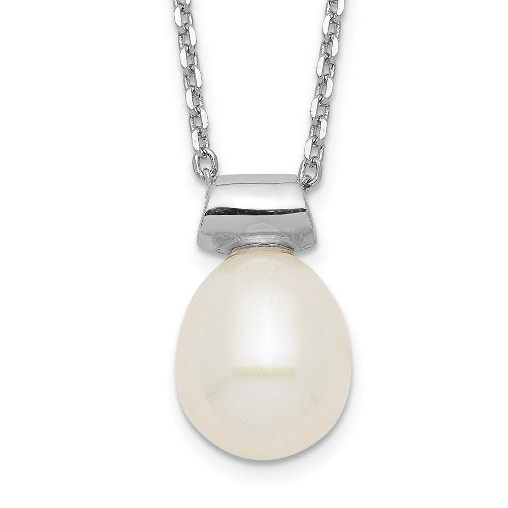 Sterling Silver Rhodium-plated 7-7.5mm White Rice Freshwater Cultured Pearl 16 inch with 1.5 inch Extension Necklace 16 Inches