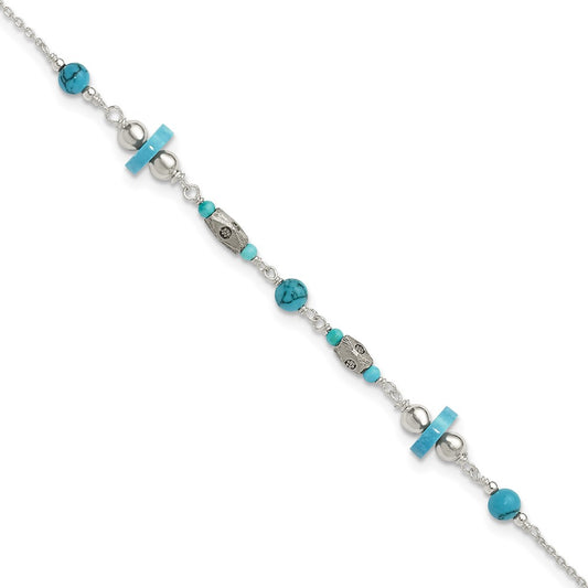 Sterling Silver Antiqued Turquoise Beaded Anklet 9 inches
