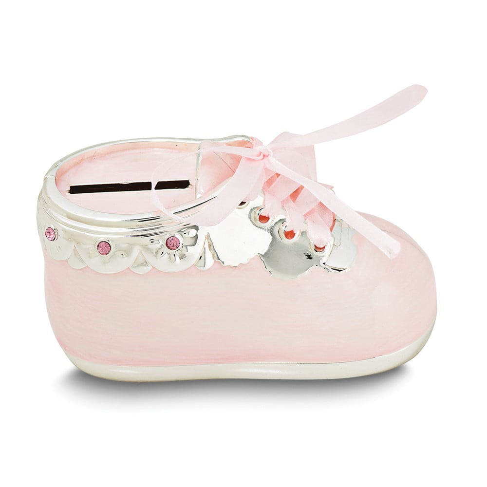 Silver-tone Zinc Alloy Pink Enameled Baby Shoe Bank QGM23589