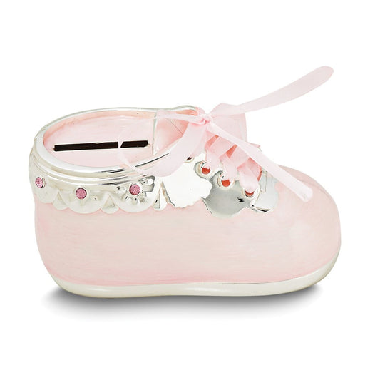 Silver-tone Zinc Alloy Pink Enameled Baby Shoe Bank QGM23589