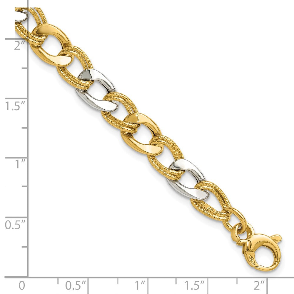 14K Two-tone Polished and Textured Fancy Link Bracelet 7.5  inches