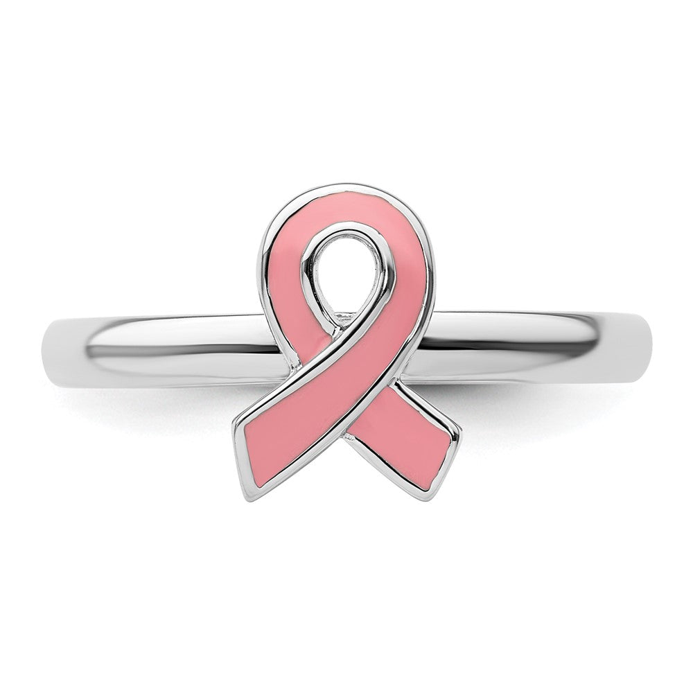 Sterling Silver Stackable Expressions Pink Enameled Awareness Ribbon Ring Size -8