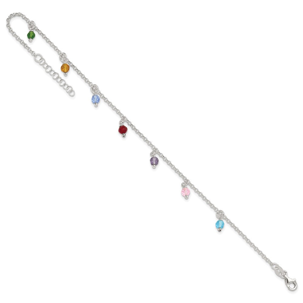 Sterling Silver Polished Multi-colored Beads 9in Plus 1in ext. Anklet 9 inches