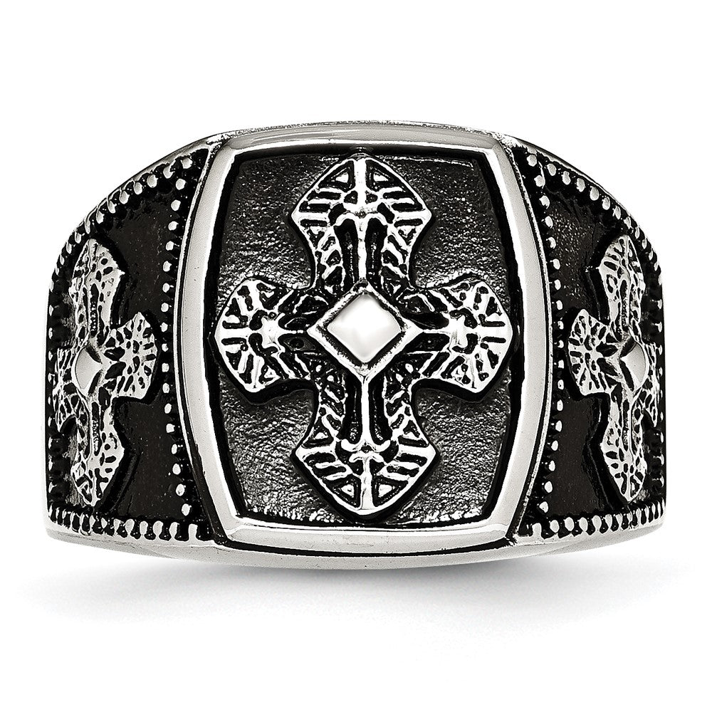 Stainless Steel Antiqued Polished & Textured Cross Ring Size - 10