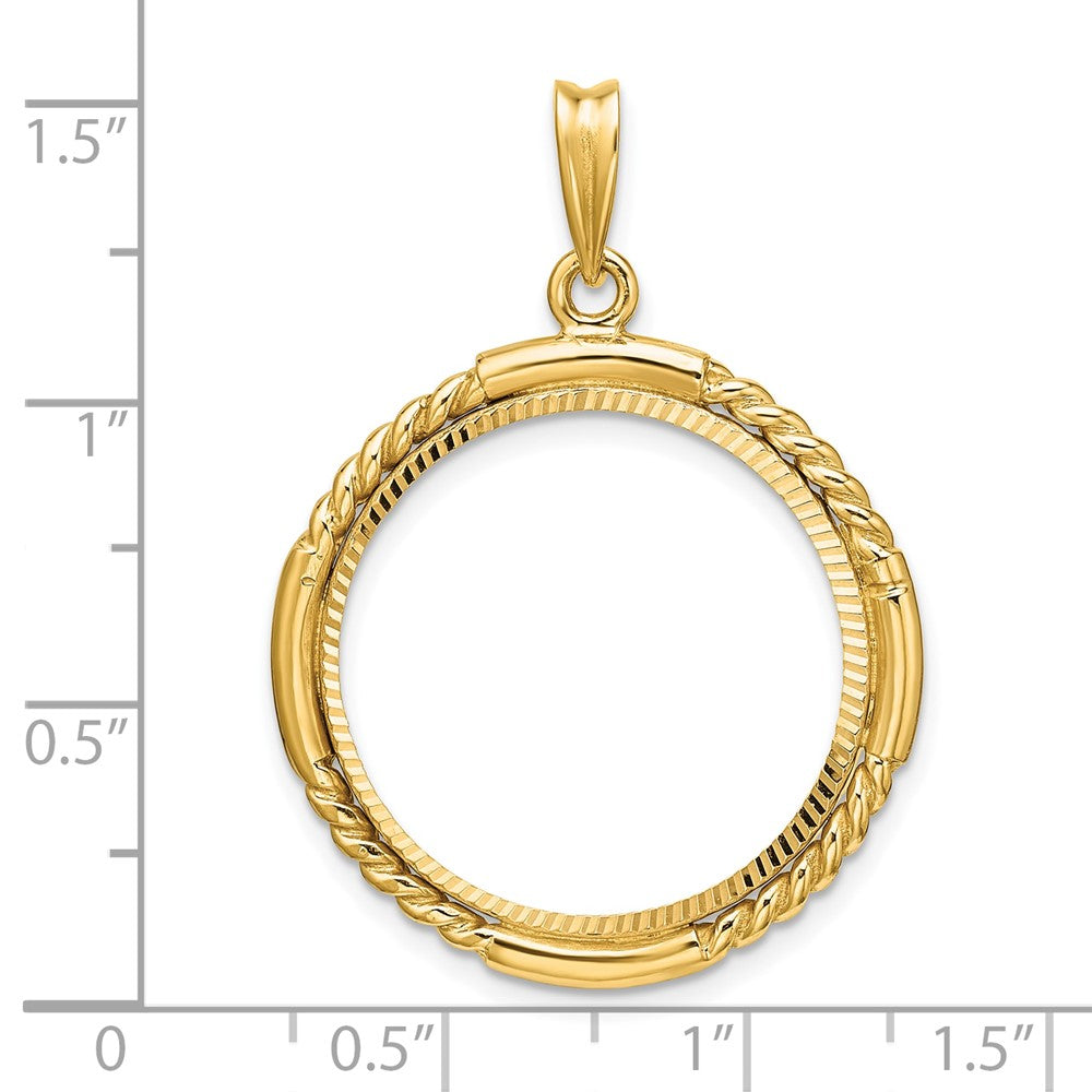 Wideband Distinguished Coin Jewelry 14k Polished Quadruple Twist and Diamond-cut 22.0mm Prong Coin Bezel Pendant